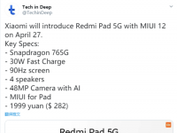 外媒曝光了一款名称为Redmi Pad 5G的新品